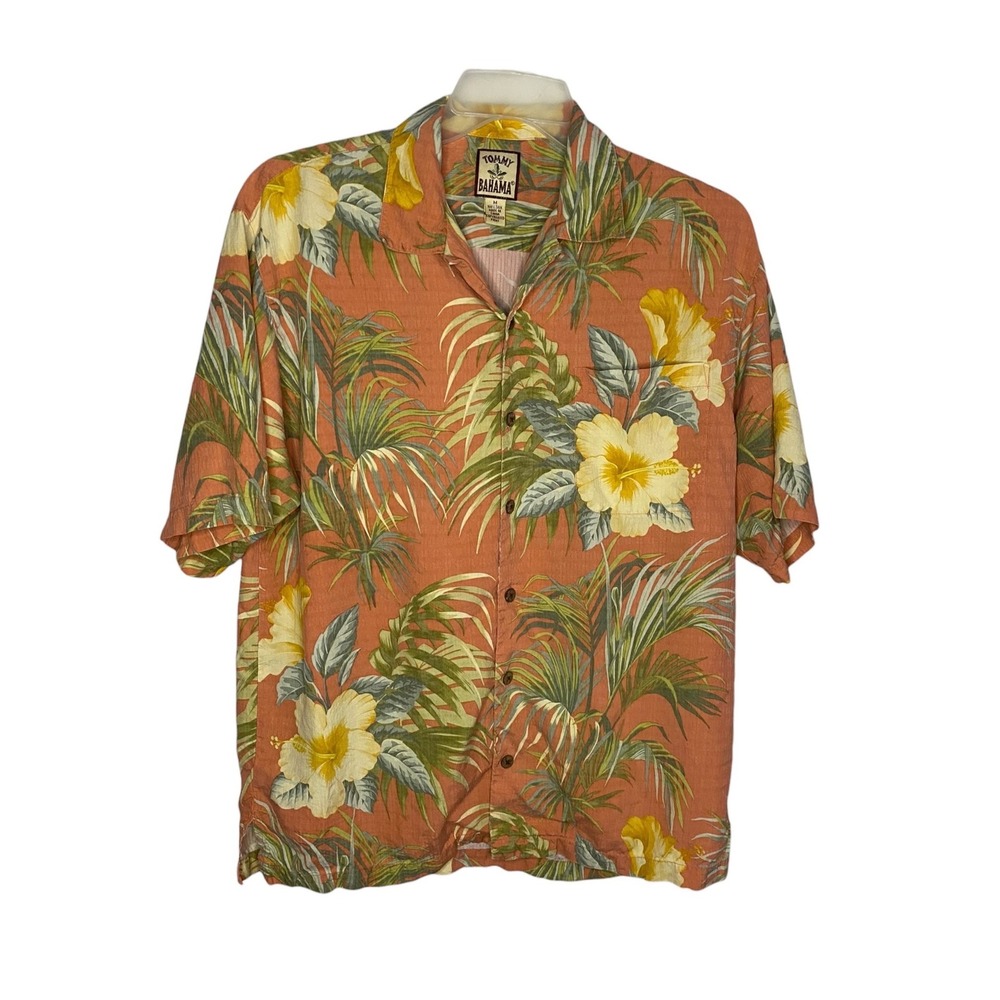 Tommy Bahama Mens Silk Tropical Hibiscus Button Down Shirt Coral Medium